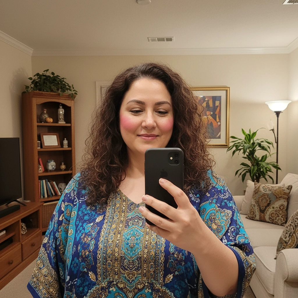 Woman holding a bottle of FloraZen supplement in a home kitchen